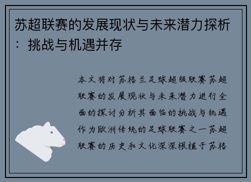 苏超联赛的发展现状与未来潜力探析：挑战与机遇并存